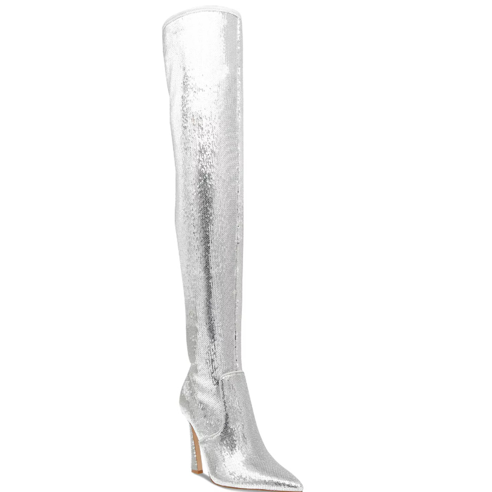 Steve Madden Women's Laddy Over-The-Knee Dress Boots Size 8 Silver Sequin NWT